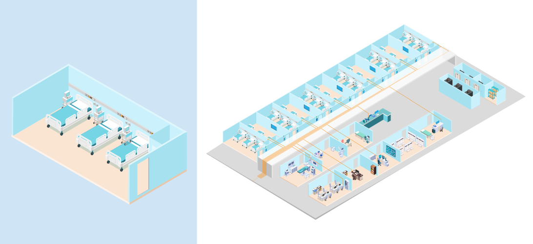 Diagram or image showing SOE solution in hospital wards, featuring PoE optical switches for robust support of wired, wireless, and IoT access terminals with efficient expansion.