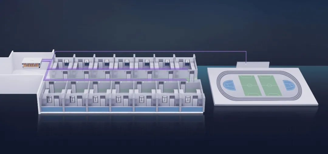 Diagram of a campus dormitory network setup using the Simplified Optical Ethernet (SOE) solution. The image shows the network layout connecting various dormitory rooms with a streamlined network setup, illustrating the efficient and simplified configuration for campus connectivity.